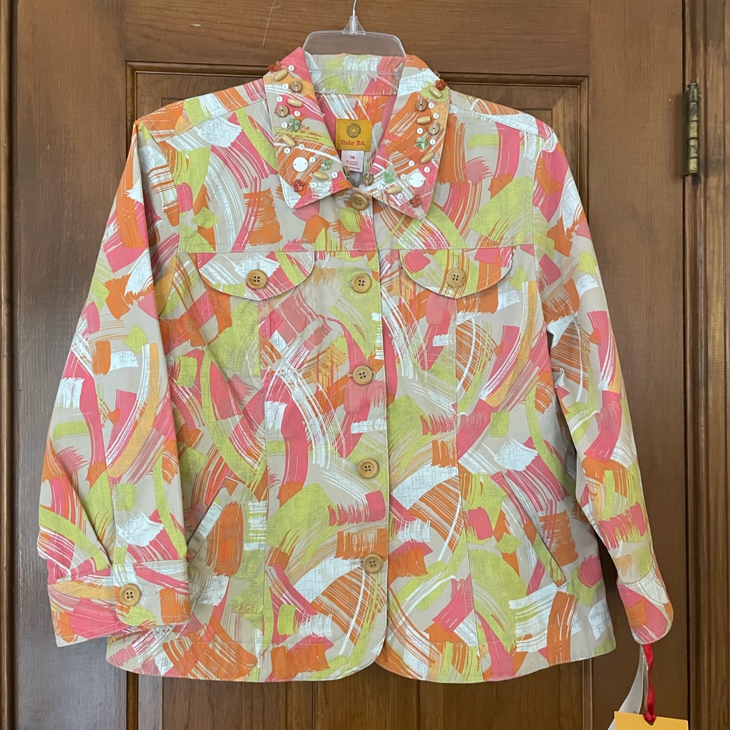 Ruby Rd. Brushstroke Print Button Jacket In Pink, Orange & Lime, Nwt, Size 14